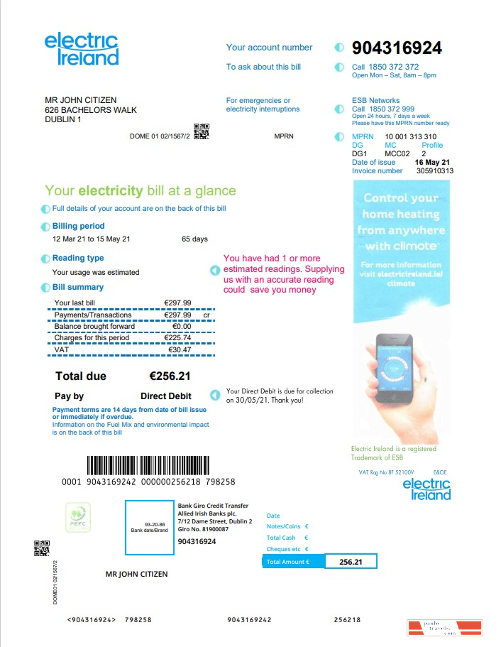 Ireland Electric Ireland utility bill